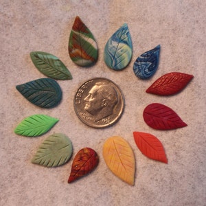 May include: A collection of 12 colorful clay leaf charms arranged in a circle around a US dime. The leaves are in various shades of green, blue, red, orange, and yellow.