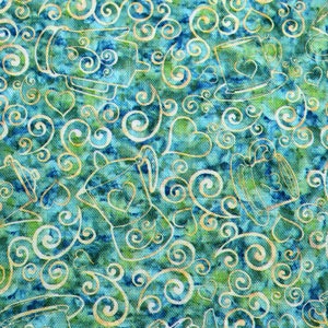 May include: A teal blue fabric with a white swirl pattern and a light green watercolour effect. The fabric features a repeating pattern of teapots, teacups, and hearts.