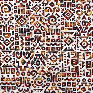 May include: A seamless pattern with a white background and a variety of colorful geometric shapes. The shapes are in shades of red, orange, yellow, green, blue, and purple. The pattern is reminiscent of traditional African art.