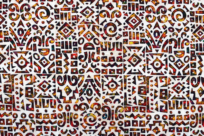 May include: A seamless pattern with a white background and a variety of colorful geometric shapes. The shapes are in shades of red, orange, yellow, green, blue, and purple. The pattern is reminiscent of traditional African art.