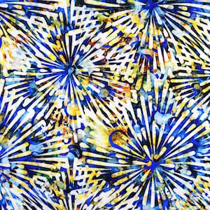 May include: Abstract pattern featuring white, blue and yellow colours. The pattern is made up of repeating shapes that resemble fireworks or stars.