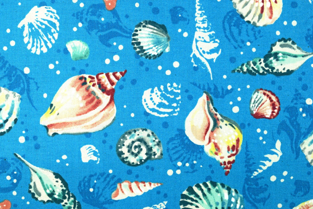 Blue Starfish and Shell Fabric, Cotton Quilting Fabric, Sunset Coast ...