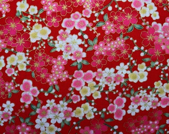 Quilting floral japonais rouge, tissu en coton, tissu floral métallisé, prix au demi-mètre