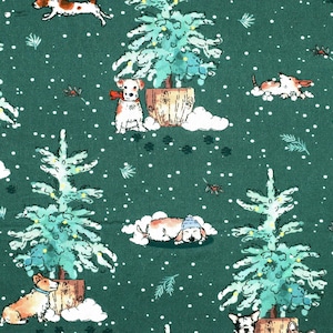 Dog Christmas Fabric: Green Cotton Quilting Fabric - - Price by Half Metre