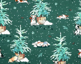 Dog Christmas Fabric: Green Cotton Quilting Fabric - - Price by Half Metre