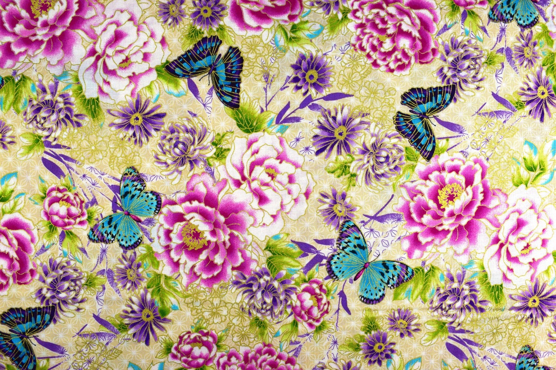 Butterflies and Flowers Fabric Quilting Fabric Cotton Etsy