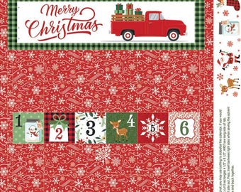 Puede incluir: Un calendario de adviento navideño rojo y verde con un camión rojo que lleva regalos en la parte superior. El calendario tiene seis casillas numeradas con diferentes imágenes dentro de cada casilla. El fondo es rojo con copos de nieve y remolinos blancos.