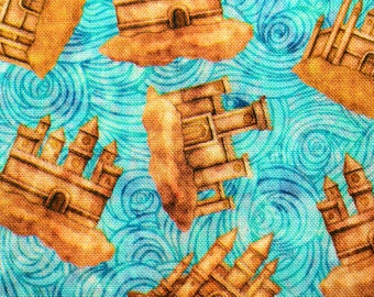 Sandcastle Fabric, Blue Quilting fabric, Sea Serenade, beach theme, price by the half metre