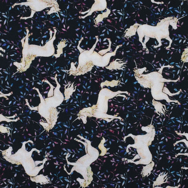 Small black Unicorn fabric, Quilting fabric, cotton fabric, quilting treasures, Mystical,  Price by the Half Metre