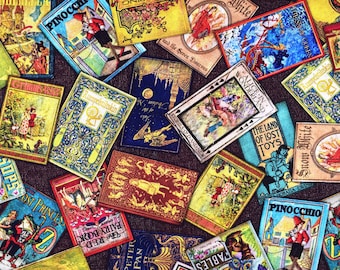May include: A collection of vintage book covers featuring classic children's stories. The covers are colorful and feature illustrations of characters like Pinocchio, Alice in Wonderland, and Snow White. The titles include "Pinocchio", "The Land of Lost Toys", "Alice in Wonderland", "Rumpelstiltskin", and "Snow White".