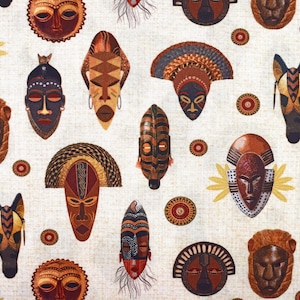 Tribal Mask Fabric: African Cotton Quilting Fabric - Price by Half Metre