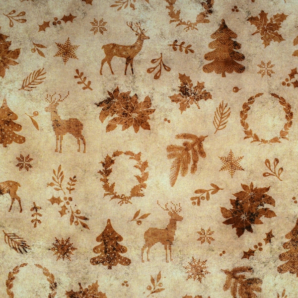 Sepia Christmas Reindeer Fabric: Quilting Cotton - Price by Half Metre