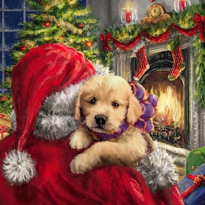 Father Christmas & Puppy Cotton Fabric Panel: 42x35&quot; Quilting Square