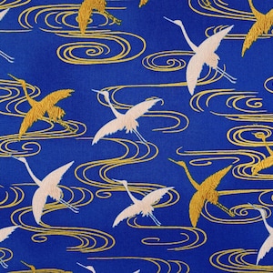 Japanese Crane Cotton Fabric: Oriental Quilting, Metallic Accents - Price by Half Metre