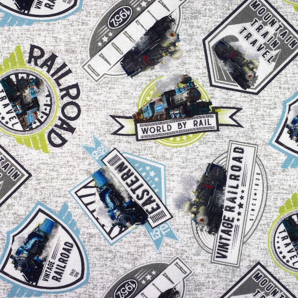 Railroad Cotton Fabric: Spring Steam Train Badges - Price by Half Metre