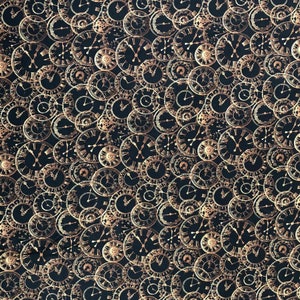 May include: A black fabric with a repeating pattern of gold clock faces. The clocks are all different shapes and sizes, and some have Roman numerals.