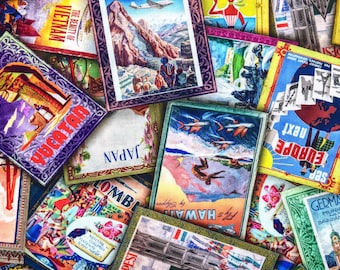 Vintage Travel Stickers Cotton Quilting Fabric - Library of Rarities - - Price by Half Metre