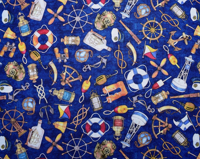 Nautical Pattern Textiles Navy Nautical Fabric, Quilting Fabric, Smooth Sailing, Price by the ...