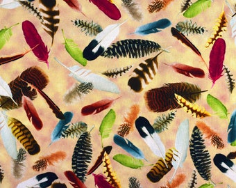 May include: A colorful fabric with a repeating pattern of feathers in various colors and designs. The background is a light peach color.