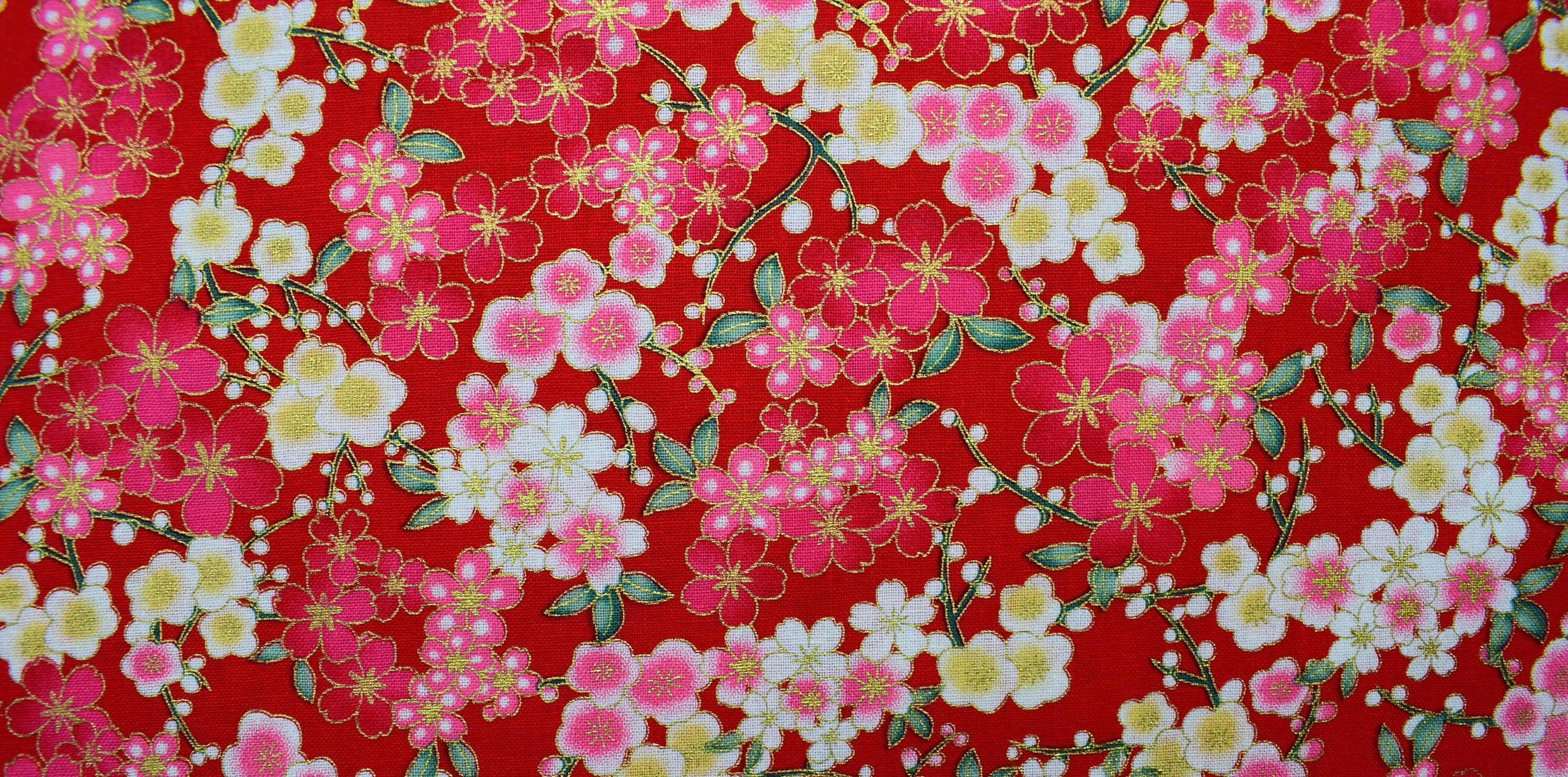 Red Japanese Floral Quilting Fabric Cotton Fabric Metallic Etsy UK