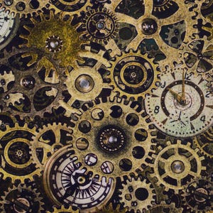 May include: Close-up of a complex arrangement of brass and bronze gears, cogs, and clock faces. The mechanical components are intricately detailed, with a vintage, steampunk aesthetic. The color palette is dominated by warm metallic tones.