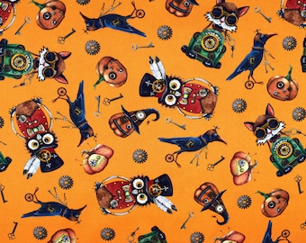 Steampunk Halloween Fabric: Orange Animal Print Cotton Quilting Treasures - Price by Half Metre