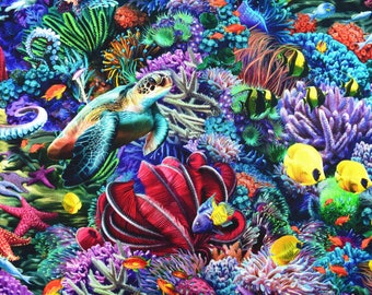 Tropical fish Fabric, Quilting fabric, cotton fabric, quilting treasures, treasures at Sea -  Price by the Half Metre