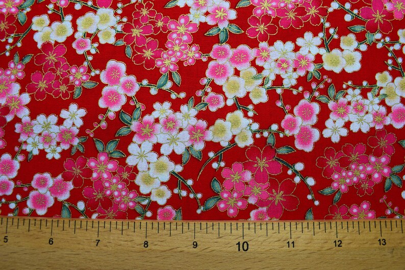 Red Japanese Floral Quilting Fabric Cotton Fabric Metallic Etsy UK