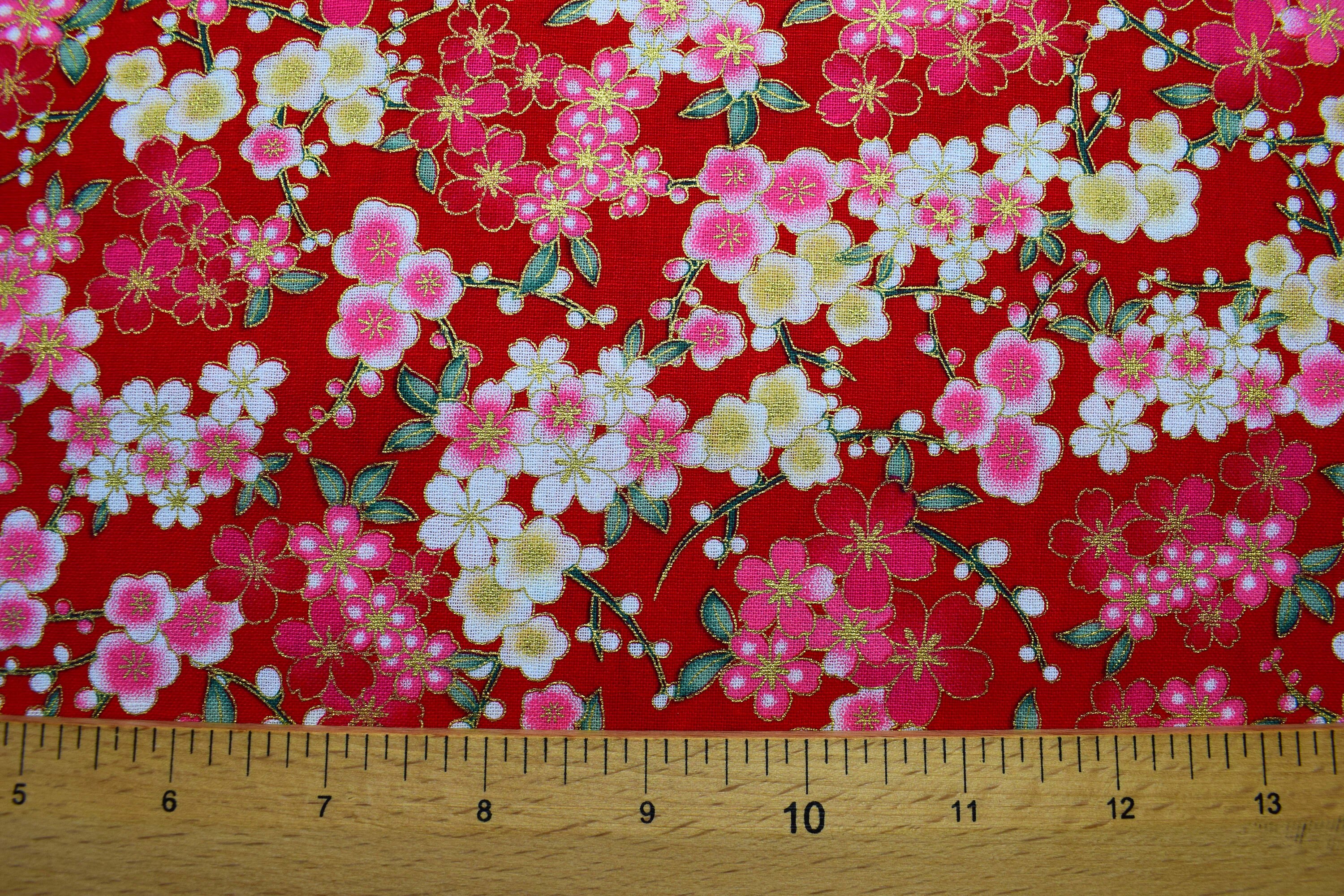 Red Japanese Floral Quilting Fabric Cotton Fabric Metallic Etsy