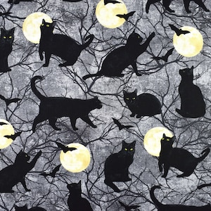 Black cat fabric, Halloween fabric, Gothic horror fabric, Quilting fabric, cotton fabric, Black Cat Capers - Price per half Metre