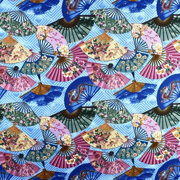 Blue Decorative fan Quilting fabric, cotton fabric -  Price by the Half Metre