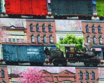 Steam Train Cotton Fabric: Spring Railroad Print - Price by Half Metre