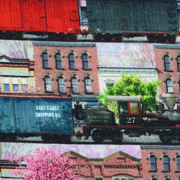 Steam Train Cotton Fabric: Spring Railroad Print - Price by Half Metre