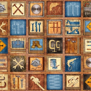 woodwork fabric panel, craftsman quilting panel, quilting treasures fabric panel, mens fabric