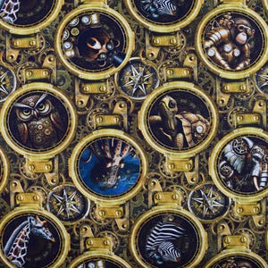 Steampunk Safari Animals Porthole Cotton Quilting Fabric -  Price by the Half Metre