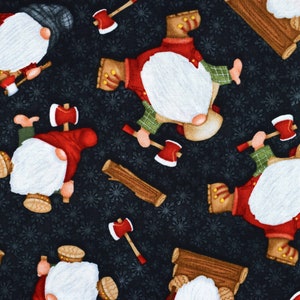 May include: A black fabric with a repeating pattern of gnomes holding axes and logs. The gnomes are wearing red and green clothing and have white beards. The background is a dark blue with a snowflake pattern.