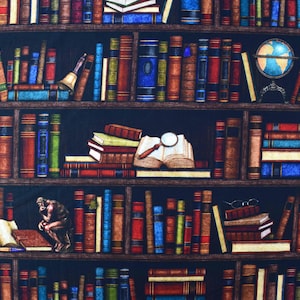 May include: An illustration of a bookshelf packed with books of various sizes and colours. The shelves also feature a globe, busts, and a statue of The Thinker. The books have leather-bound covers.