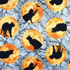 Cat and moon fabric, Halloween fabric, Gothic horror fabric, Quilting fabric, cotton fabric, Black Cat Capers - Price per half Metre