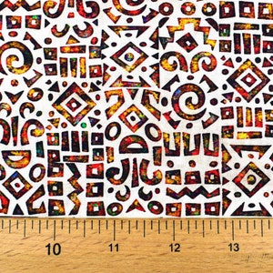 May include: A white fabric with a repeating pattern of colorful geometric shapes. The shapes are outlined in black and filled with shades of red, orange, yellow, green, blue, and purple. The fabric is textured and has a slightly distressed look.