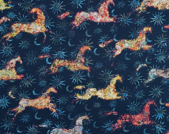May include: A dark blue fabric with a repeating pattern of stylized horses running across a field of suns and moons. The horses are a mix of orange, yellow, and red, while the suns and moons are a light blue.