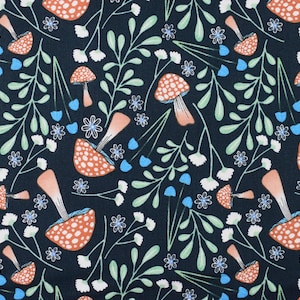 May include: A dark blue fabric with a repeating pattern of red and white mushrooms and green leaves. The mushrooms have white spots and the leaves have a light green colour.