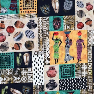 May include: A colorful fabric with a patchwork design featuring African masks, pottery, and geometric patterns. The fabric is a mix of black, white, brown, green, red, and yellow.