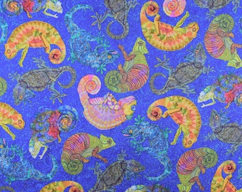 Chameleon Quilting Fabric: Vibrant Lizard Print, Blue Cotton - Price by Half Metre