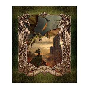 May include: Fantasy art print featuring a medieval scene with dragons, a castle, and a lone figure. The artwork is framed with ornate dragon-shaped borders and set against a textured green background. The dragons are depicted in flight, with one breathing fire.