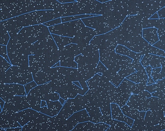 May include: A dark blue fabric with a white constellation pattern. The constellations are connected by thin blue lines.
