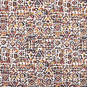 May include: A white background with a repeating pattern of geometric shapes in shades of red, orange, yellow, and brown. The pattern is made up of squares, circles, triangles, and other abstract shapes.