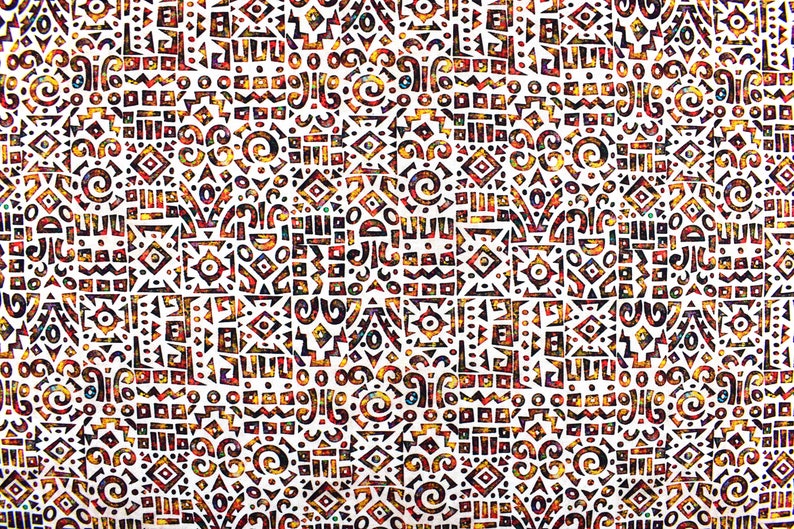 May include: A white background with a repeating pattern of geometric shapes in shades of red, orange, yellow, and brown. The pattern is made up of squares, circles, triangles, and other abstract shapes.