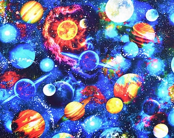 May include: A colorful space-themed fabric with a blue background and multiple planets, stars, and galaxies. The planets are in various colors, including red, orange, yellow, blue, and green. The fabric is perfect for crafting projects, quilting, and home decor.
