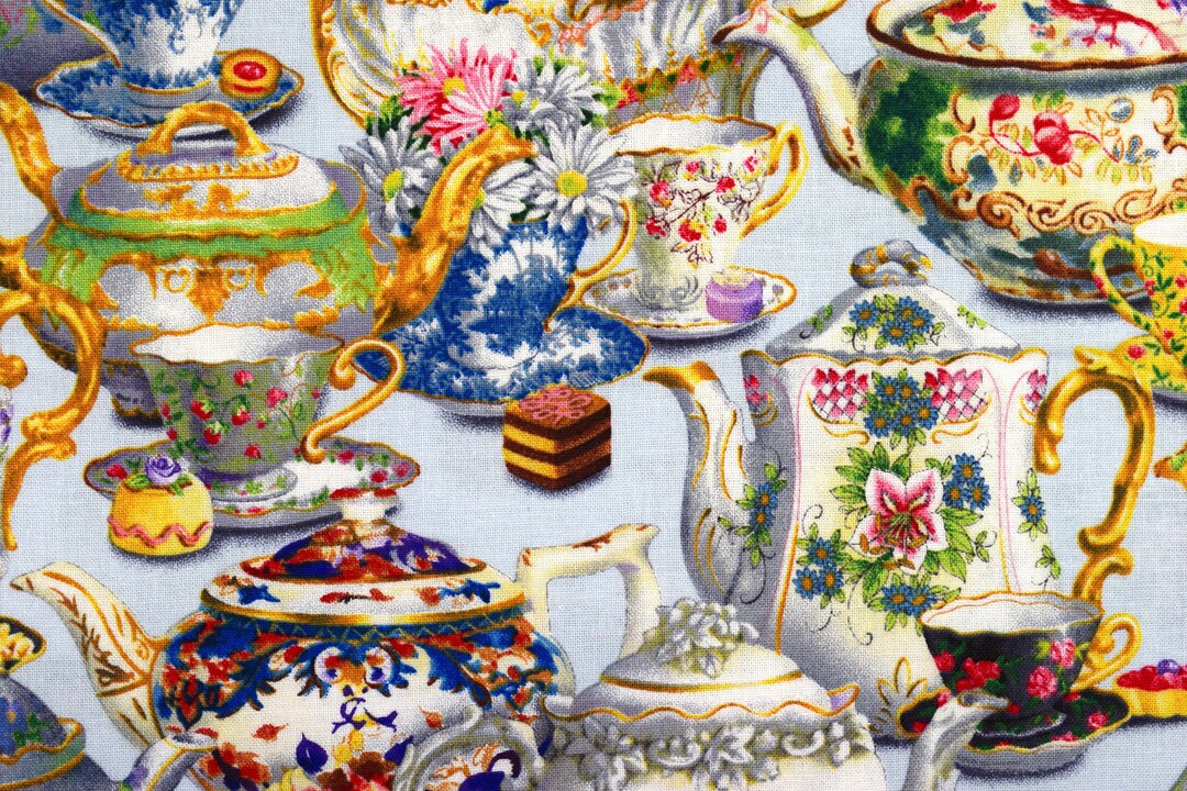 Teapot Quilting Fabric, Tea Cup Fabric, Cotton Fabric, Fancy Tea Price