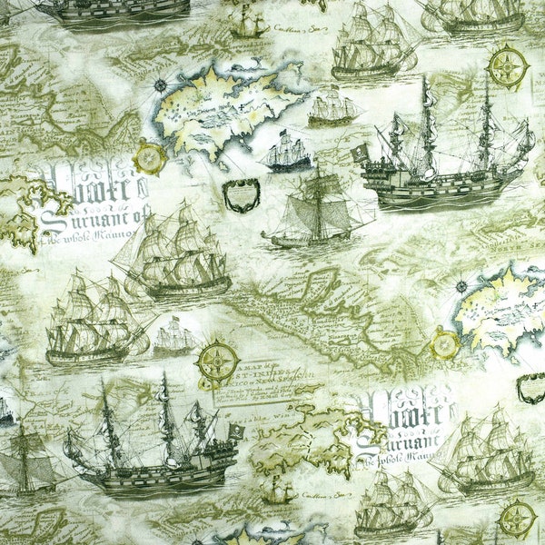 Tissu de carte au trésor, tissu matelassé en coton, tissu de carte antique - Prix au demi-mètre